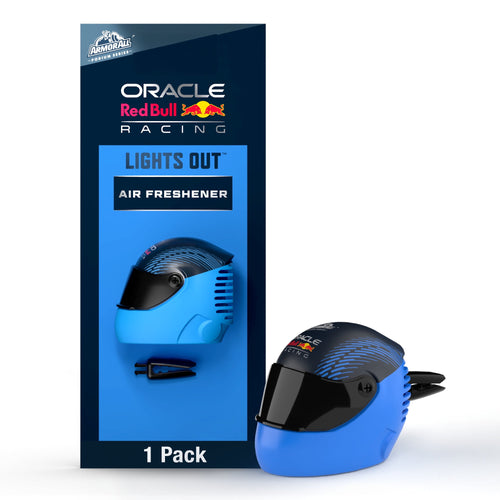 Oracle Red Bull Racing blue helmet-shaped car vent air freshener with packaging labeled 'Lights Out' and clip