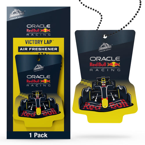 Oracle Red Bull Racing themed yellow-and-navy hanging car air freshener with racing car artwork and packaging shown
