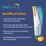 Informational graphic with OraCoat logo, benefits of xylitol text and a vertical XyliGel tube with citrus illustration