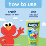 Instruction-style graphic with Elmo illustration next to an Orajel Naturals Sesame Street toothpaste tube and 'how to use' brushing guidance