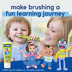 Mother helping toddler brush teeth with illustrated Ms. Rachel characters and a tube of Orajel Naturals training toothpaste
