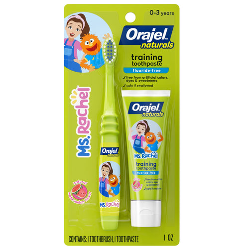 Packaged Orajel Naturals Ms. Rachel training toothbrush and toothpaste in green blister card, watermelon flavor