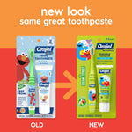 Graphic comparison image showing old and new packaging for Orajel Naturals Sesame Street training toothpaste and toothbrush