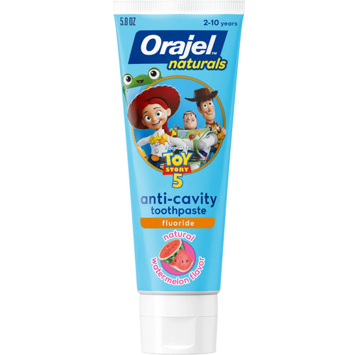 Blue tube of Orajel Naturals Toy Story 5 anti-cavity toothpaste with Toy Story characters and watermelon graphic