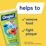 Close-up yellow panel with an Orajel Naturals toothpaste tube showing Sesame Street characters and text about removing food and fighting plaque