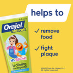 Close-up promotional graphic of Orajel Naturals Ms. Rachel training toothpaste tube with text about removing food and fighting plaque
