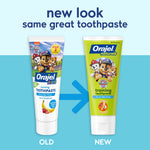 Graphic showing old and new Orajel kids toothpaste packaging side-by-side with text announcing a new look