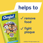 Yellow panel with a partial Orajel Naturals toothpaste tube and text listing benefits like remove food and fight plaque