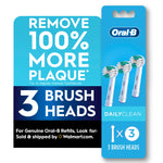Oral-B branded pack graphic with three round replacement brush heads and bold '3 brush heads' plaque removal claim.