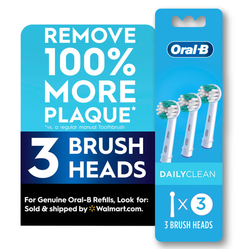 Oral-B branded pack graphic with three round replacement brush heads and bold '3 brush heads' plaque removal claim.
