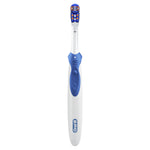 White and blue Oral-B 3D White battery toothbrush shown upright on white background