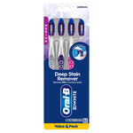 Tall product shot of Oral-B 3D White deep stain remover toothbrushes in value 4 pack blister packaging