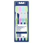 Rear blister packaging of four Oral‑B manual toothbrushes showing back label, barcode and product information
