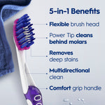 Oral-B toothbrush handle and head with infographic listing five benefits and callouts to brush features