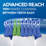 Graphic close-up of toothbrush head bristles cleaning between teeth with 'Advanced reach trim' product text