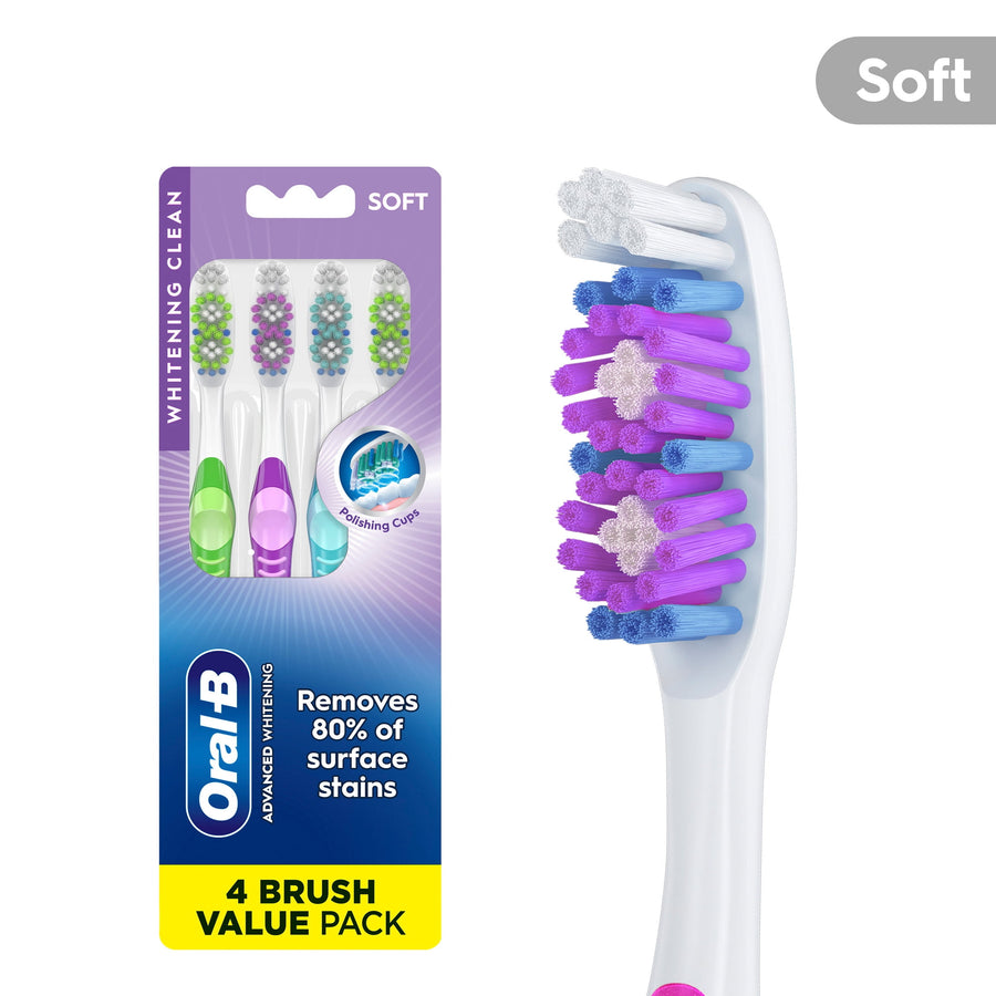 Oral‑B Advanced Whitening toothbrush pack with four colorful soft-bristle manual brushes and close-up brush head