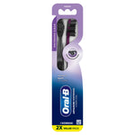 Full front product packaging for Oral‑B Advanced Whitening Charcoal two‑toothbrush value pack on white background.