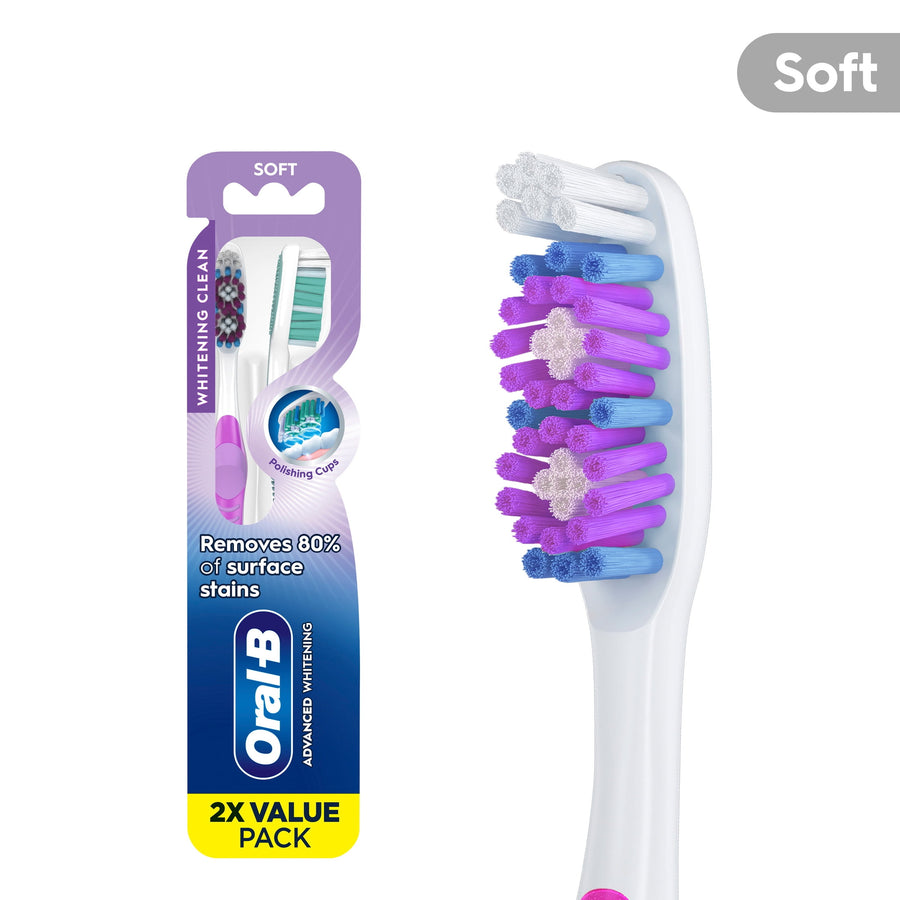 Oral‑B Advanced Whitening soft manual toothbrush pack art showing close-up brush head and packaging callouts