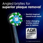 Oral‑B round brush head diagram highlighting angled bristles and ADA Accepted seal with product callouts.