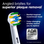 Close-up of an Oral-B brush head showing angled bristles with callouts and ADA Accepted seal on a dark blue background