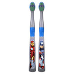 Pair of Oral-B children's toothbrushes on white background, each with Avengers character graphics and blue-green bristles.