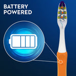 Graphic of an Oral-B toothbrush handle and head with a magnified battery icon and label stating battery powered