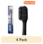 Oral-B black extra-soft toothbrush head close-up with packaged full toothbrush shown