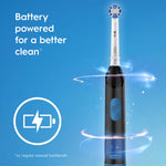 Black Oral-B battery-powered electric toothbrush on blue background with battery icon and marketing text about cleaning