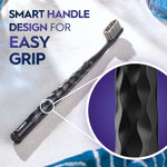 Lifestyle-style image of a black Oral‑B toothbrush on a surface with magnified inset of textured grip.