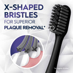 Graphic showing an Oral-B black toothbrush and close-up of X-shaped bristles with text about superior plaque removal.