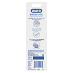Back panel of Oral-B Brilliance toothbrush packaging with brand logo and informational icons about whitening and bristles.