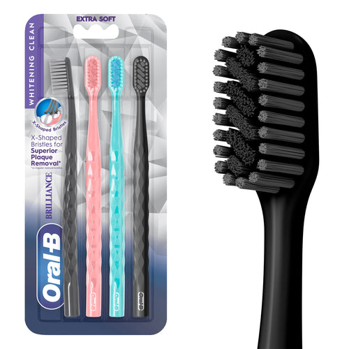 Packaged Oral-B Brilliance toothbrushes in black, coral and teal with blister card packaging visible