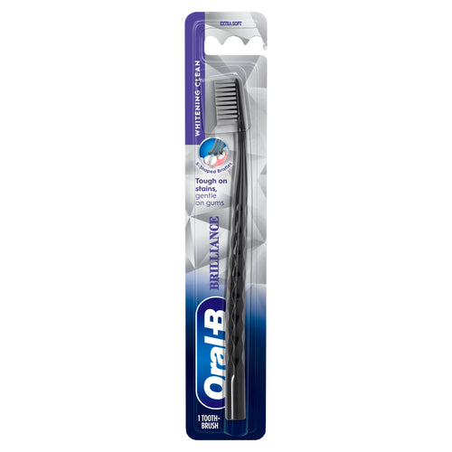 Full packaged Oral-B Brilliance toothbrush in clear blister pack showing black handle