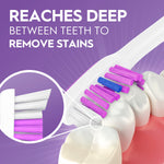 Angled toothbrush head cleaning between teeth with callouts and inset showing bristle reach on purple backdrop