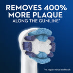 Detailed close-up of Oral‑B round brush head bristles with text claiming removes 400% more plaque along the gumline