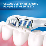 Illustration of an Oral-B brush head cleaning between molars with text about removing plaque