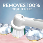 Illustration of an Oral-B round brush head cleaning along a row of teeth with text claiming it removes more plaque.