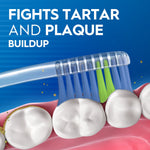 Illustration of a toothbrush head brushing molars with text 'Fights tartar and plaque buildup' on blue background