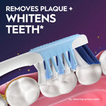 Illustration of an Oral‑B toothbrush head brushing molars with copy that reads 'Removes Plaque + Whitens Teeth*' on purple background.