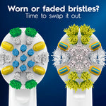 Top-down render of two Oral-B round brush heads, one with new bristles and one worn, with text prompting replacement