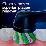 Close-up illustration of an Oral‑B electric brush head scrubbing teeth with text claiming superior plaque removal.