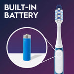 Oral‑B toothbrush shown beside a magnified battery image and text 'Built‑In Battery' on a purple gradient background.
