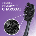 Oral‑B charcoal toothbrush head at angle with inset magnified charcoal particle texture and text about charcoal‑infused bristles.