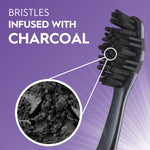 Oral-B toothbrush head with charcoal-infused bristles and magnified charcoal granules shown on purple informational background