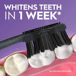 Close-up graphic of a black charcoal toothbrush brushing molars with text claim 'whitens teeth in 1 week' on purple background