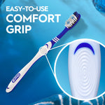 Oral-B toothbrush on blue background with a magnified inset emphasizing a comfort grip textured handle