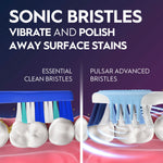 Split graphic comparing a standard toothbrush and the Oral‑B Pulsar bristle design with headline 'Sonic Bristles Vibrate and Polish Away Surface Stains'.