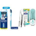 Composite product image showing an Oral‑B CrossAction 4‑count toothbrush pack beside GuruNanda stainless steel tongue scrapers and travel case.