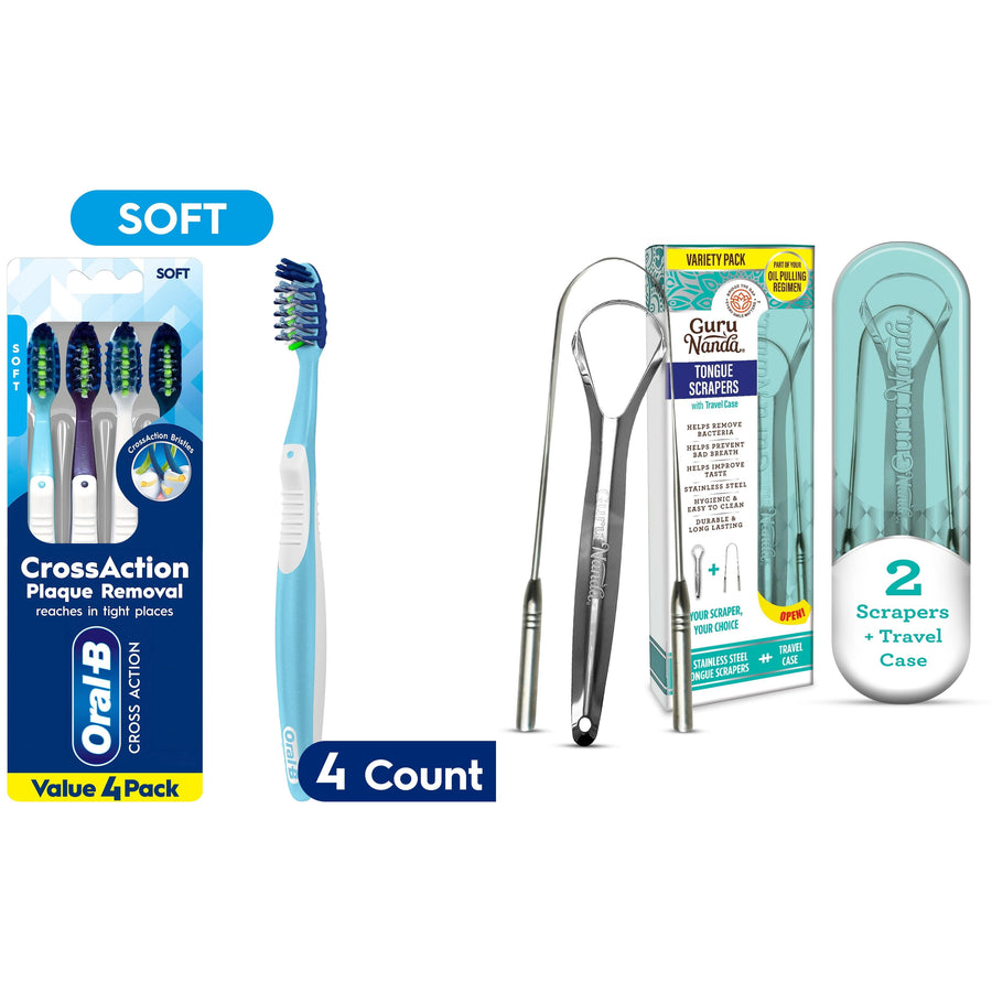 Composite product image showing an Oral‑B CrossAction 4‑count toothbrush pack beside GuruNanda stainless steel tongue scrapers and travel case.