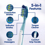Graphic toothbrush with callouts for features: CrossAction bristles, indicator bristles, gum massagers, tongue cleaner, comfort grip